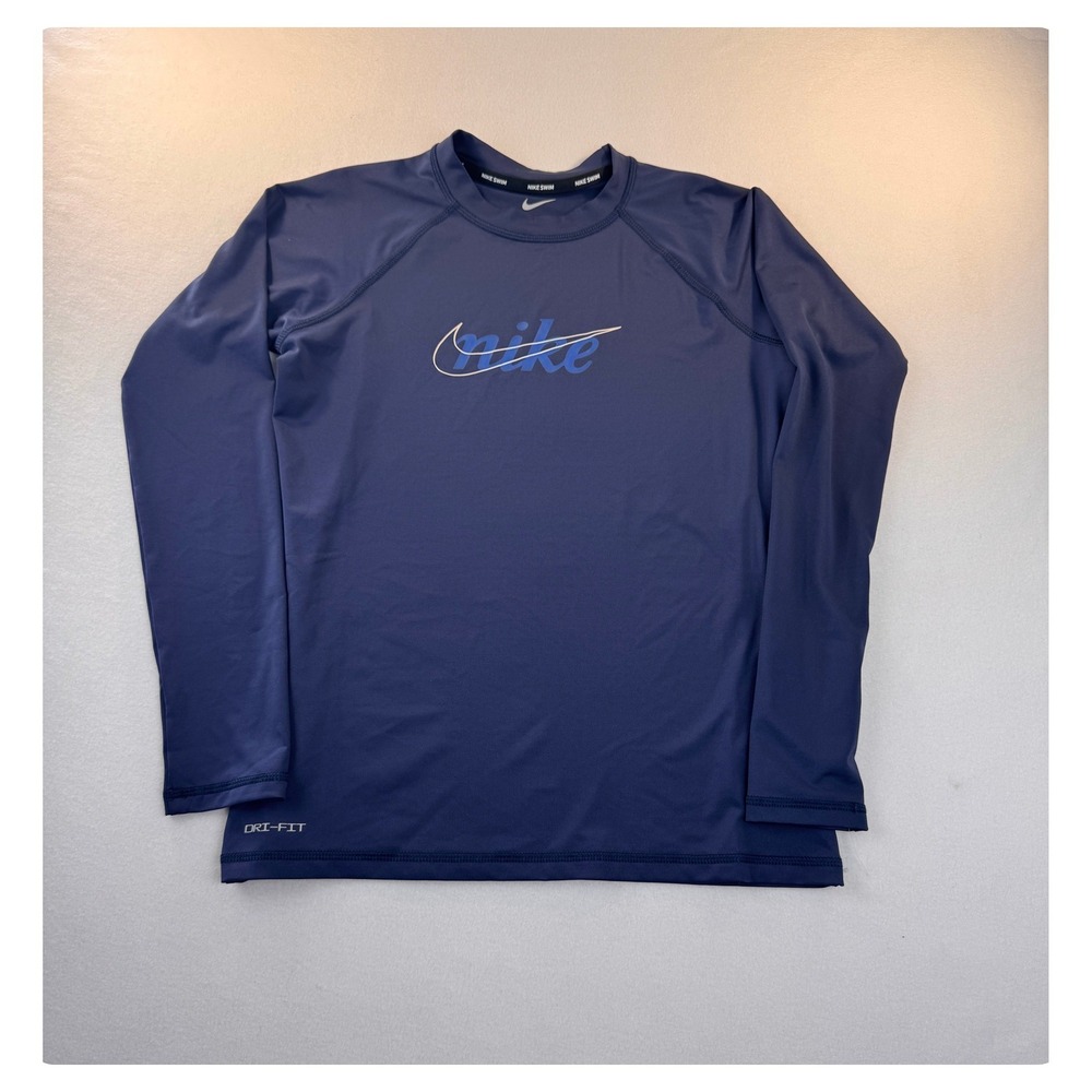 Nike Swim Youth Small Blue Dri-FIT Long Sleeve Rash Guard Swoosh Logo